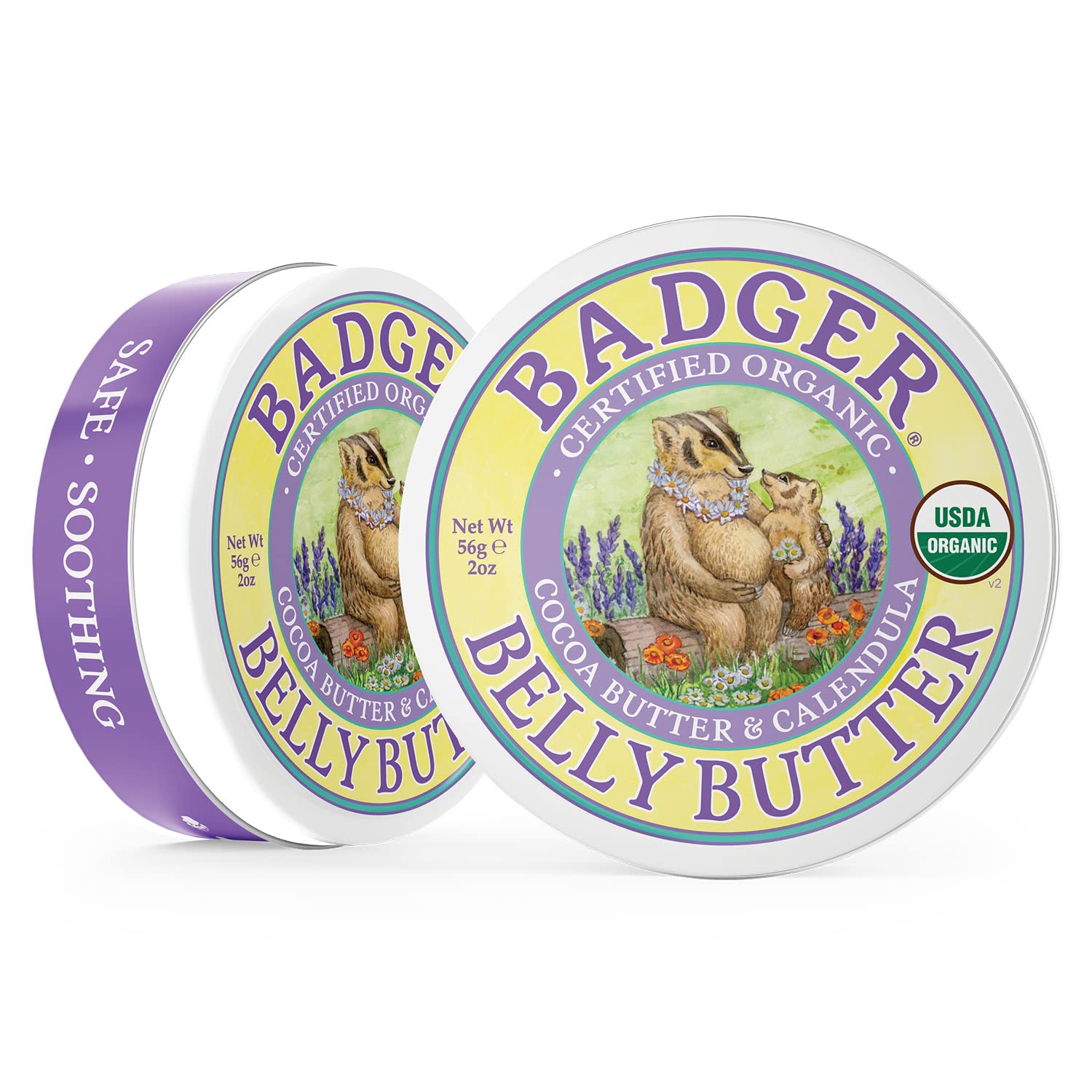 Badger Belly Butter, Organic Stretch Mark Cream for Pregnant Belly, Rich Hypoallergenic Moisturizing Organic Cocoa Butter & Coconut Body Butter for Women, 2 oz Tin, 2-Pack